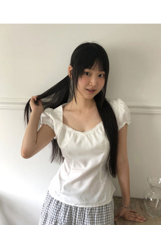 Hae heart neck frill lace puff blouse