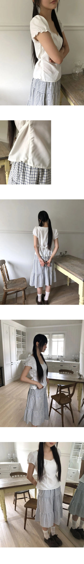 Hae heart neck frill lace puff blouse
