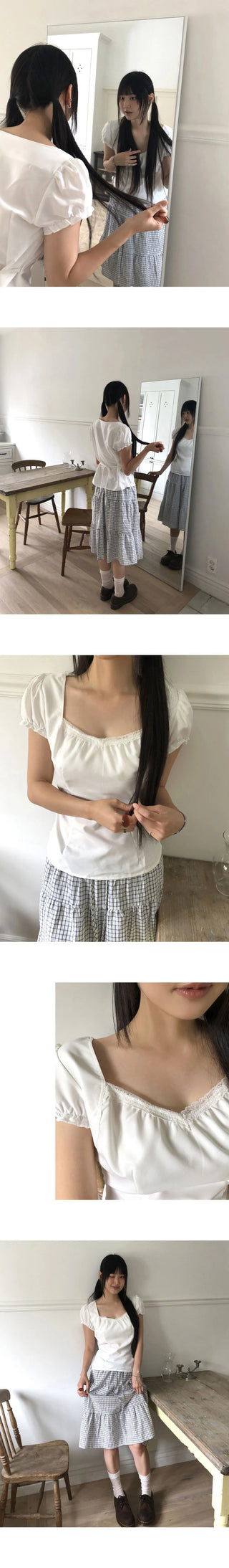 Hae heart neck frill lace puff blouse