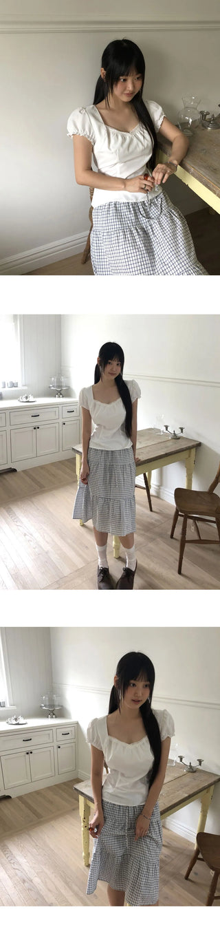 Hae heart neck frill lace puff blouse