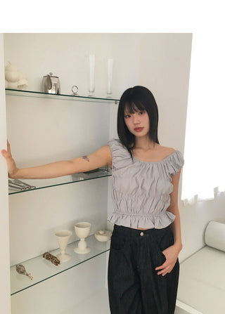 Furen Off-Shoulder Shirring Frill Sleeveless Blouse