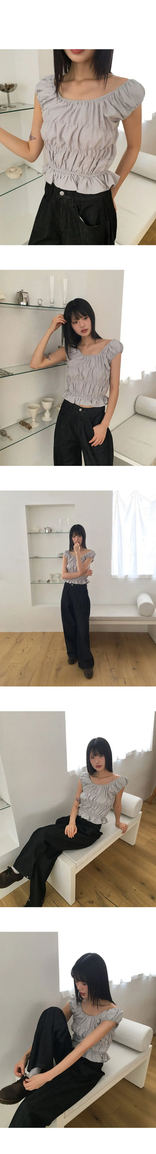 Furen Off-Shoulder Shirring Frill Sleeveless Blouse