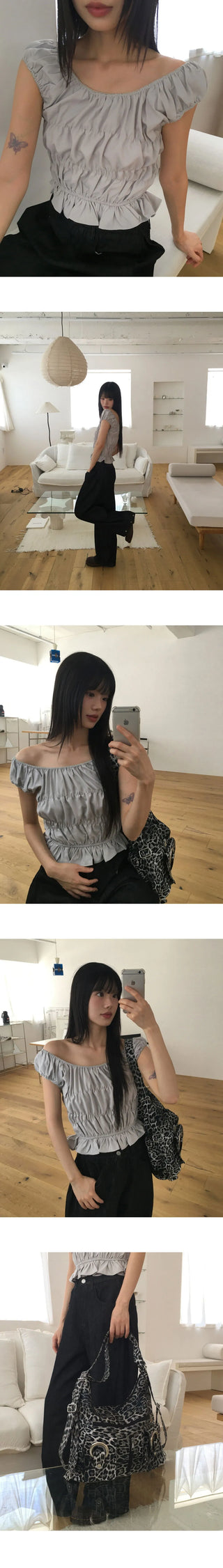 Furen Off-Shoulder Shirring Frill Sleeveless Blouse