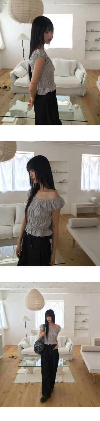 Furen Off-Shoulder Shirring Frill Sleeveless Blouse
