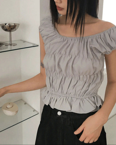 Furen Off-Shoulder Shirring Frill Sleeveless Blouse