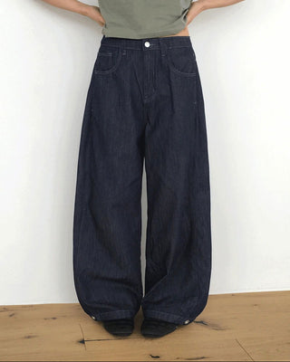 Dad Side Pin Tuck Snap Button Wide Long Denim Pants