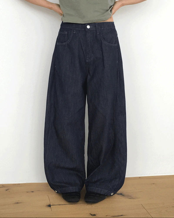 Dad Side Pin Tuck Snap Button Wide Long Denim Pants