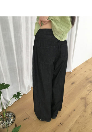 Dad Side Pin Tuck Snap Button Wide Long Denim Pants