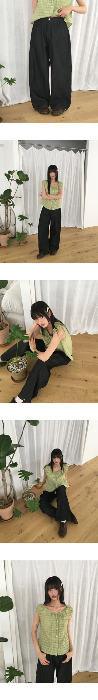 Dad Side Pin Tuck Snap Button Wide Long Denim Pants