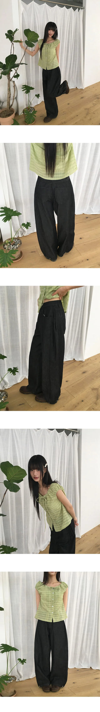 Dad Side Pin Tuck Snap Button Wide Long Denim Pants