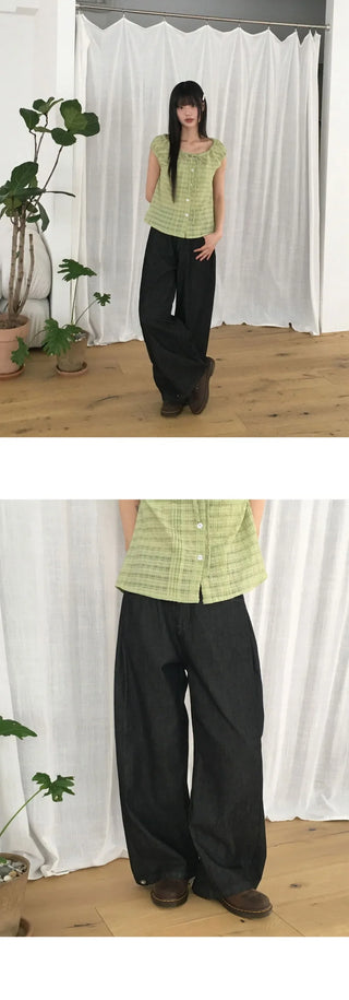 Dad Side Pin Tuck Snap Button Wide Long Denim Pants