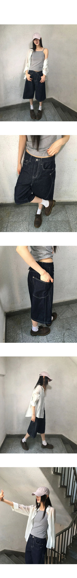 Dauphine Split beige Faded denim bermuda pants