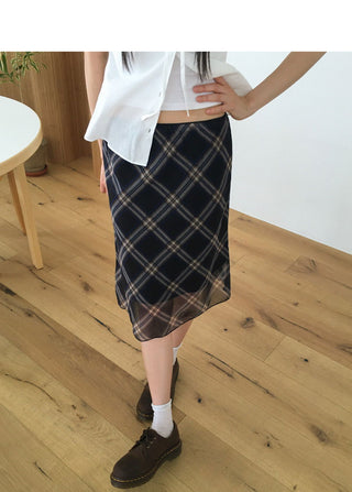 Atin Check Chiffon Lace Ribbon Midi Skirt