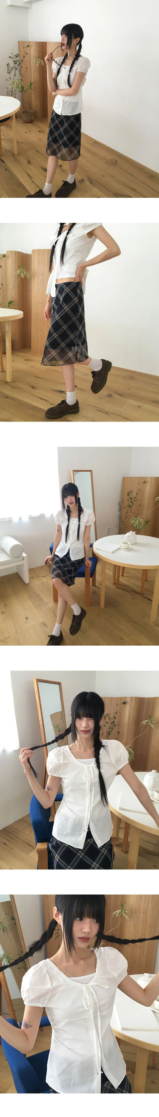 Atin Check Chiffon Lace Ribbon Midi Skirt