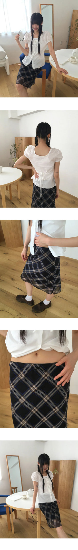 Atin Check Chiffon Lace Ribbon Midi Skirt