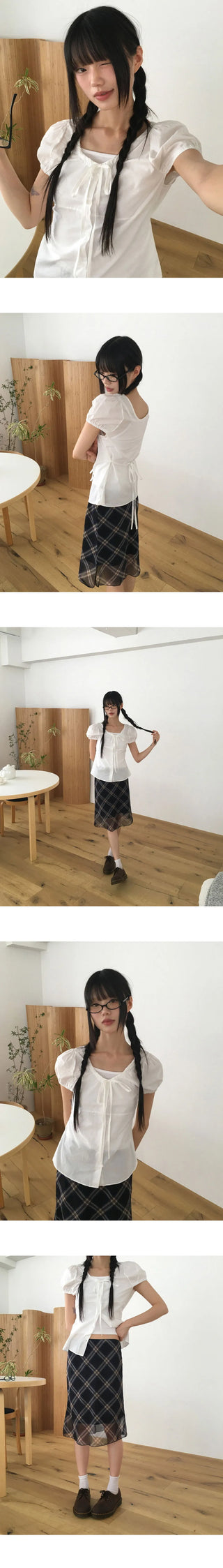 Atin Check Chiffon Lace Ribbon Midi Skirt