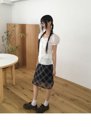 Atin Check Chiffon Lace Ribbon Midi Skirt