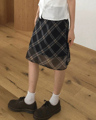 Atin Check Chiffon Lace Ribbon Midi Skirt