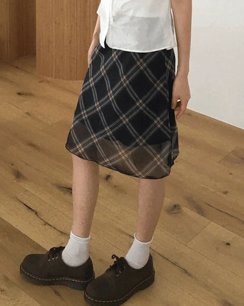 Atin Check Chiffon Lace Ribbon Midi Skirt