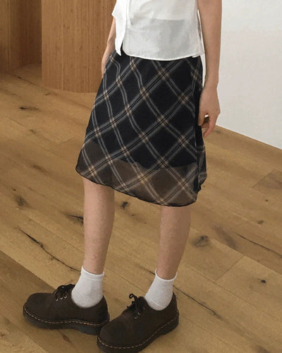 Atin Check Chiffon Lace Ribbon Midi Skirt