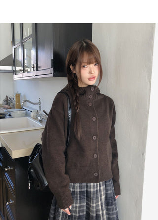 Kuan Hooded High Neck Button Button Knitwear Cardigan