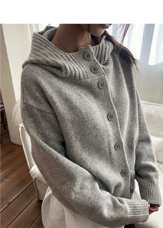 Kuan Hooded High Neck Button Button Knitwear Cardigan