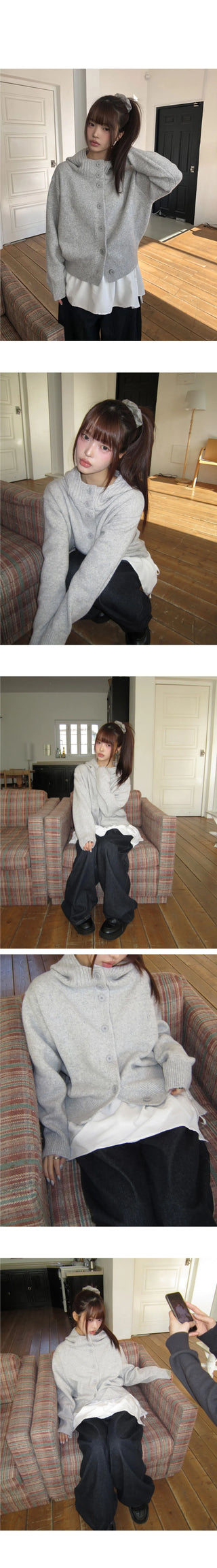 Kuan Hooded High Neck Button Button Knitwear Cardigan
