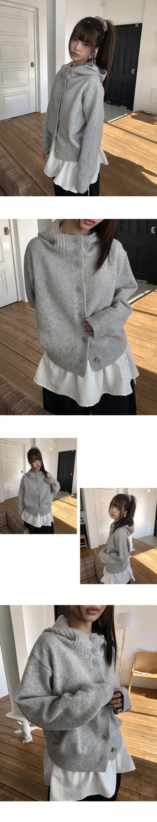 Kuan Hooded High Neck Button Button Knitwear Cardigan