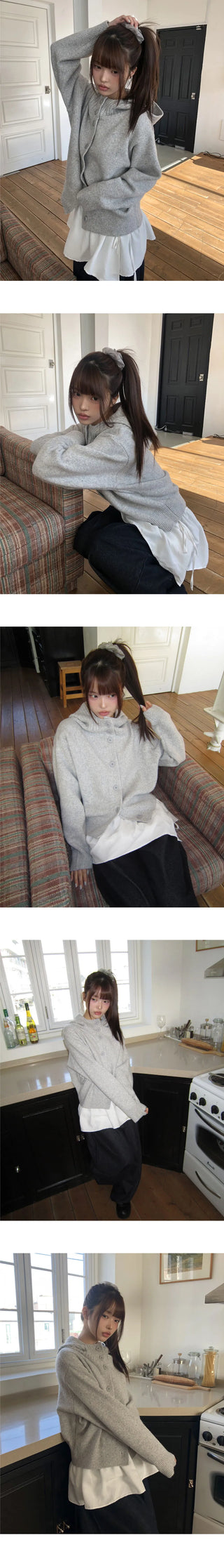 Kuan Hooded High Neck Button Button Knitwear Cardigan