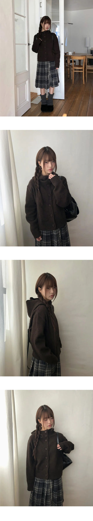 Kuan Hooded High Neck Button Button Knitwear Cardigan