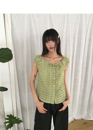 Linda Check Pintuck Ribbon Frill Blouse