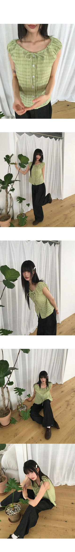 Linda Check Pintuck Ribbon Frill Blouse