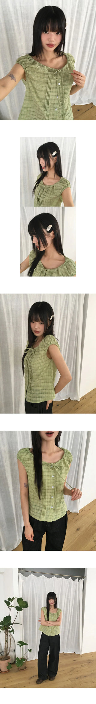 Linda Check Pintuck Ribbon Frill Blouse