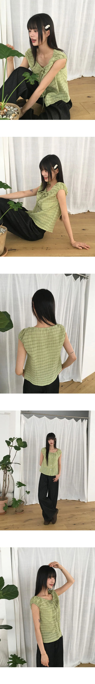 Linda Check Pintuck Ribbon Frill Blouse