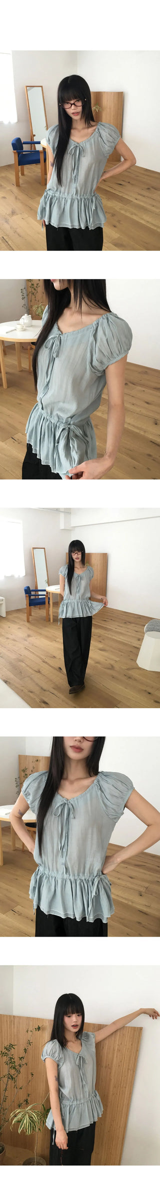 Serine Cancan Ribbon String Wrinkle Short Sleeve Blouse