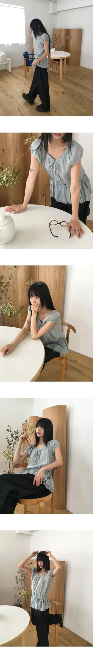 Serine Cancan Ribbon String Wrinkle Short Sleeve Blouse