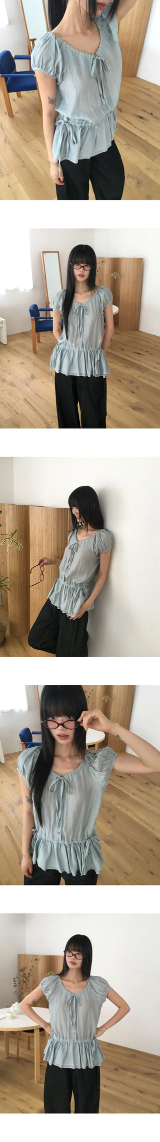 Serine Cancan Ribbon String Wrinkle Short Sleeve Blouse