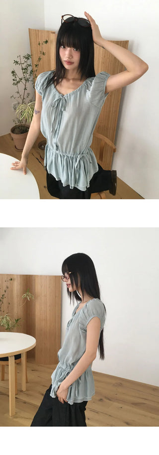 Serine Cancan Ribbon String Wrinkle Short Sleeve Blouse