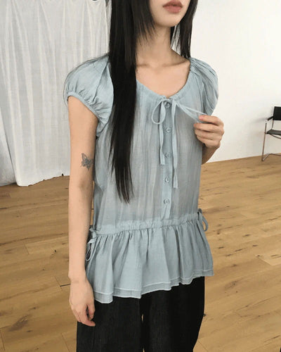 Serine Cancan Ribbon String Wrinkle Short Sleeve Blouse