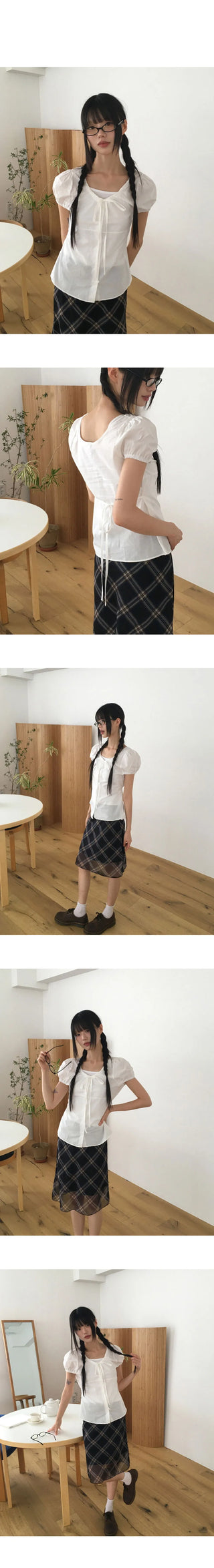 Laen Ribbon Puff Short Sleeve Blouse