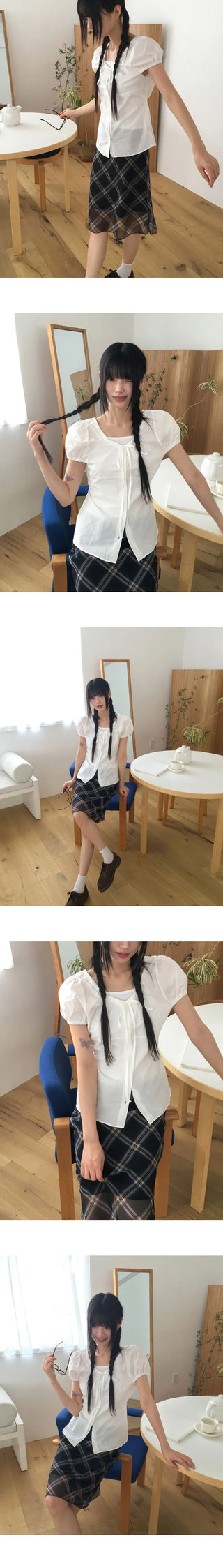 Laen Ribbon Puff Short Sleeve Blouse