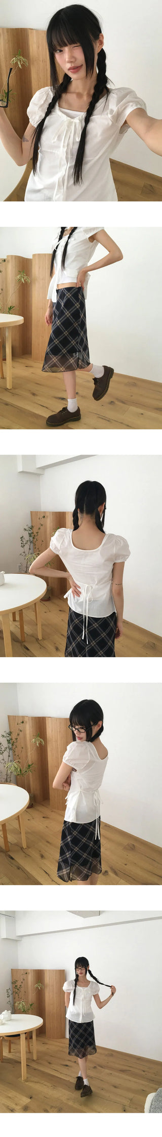 Laen Ribbon Puff Short Sleeve Blouse