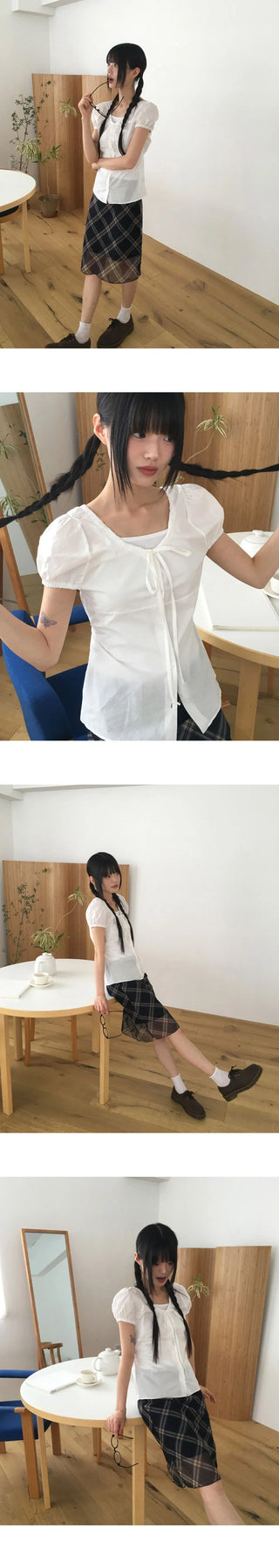 Laen Ribbon Puff Short Sleeve Blouse