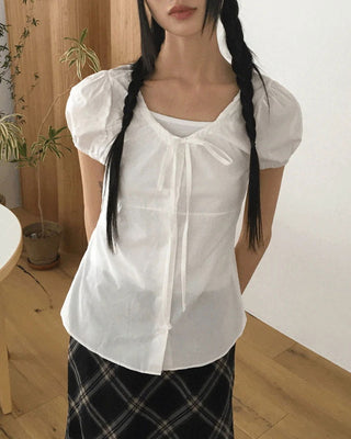 Laen Ribbon Puff Short Sleeve Blouse