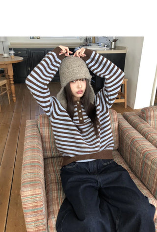 Hira Round Henley Neck Button Stripe Knitwear