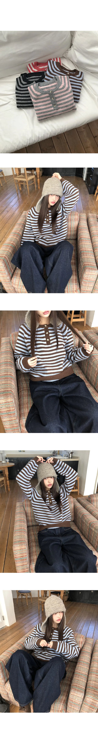 Hira Round Henley Neck Button Stripe Knitwear