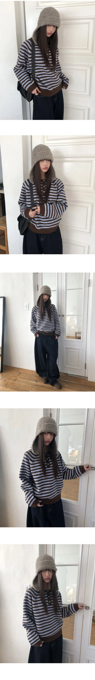 Hira Round Henley Neck Button Stripe Knitwear