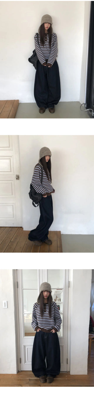 Hira Round Henley Neck Button Stripe Knitwear