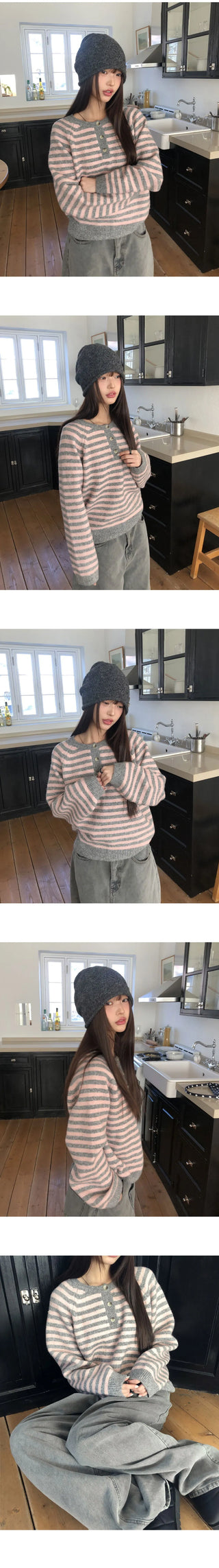 Hira Round Henley Neck Button Stripe Knitwear