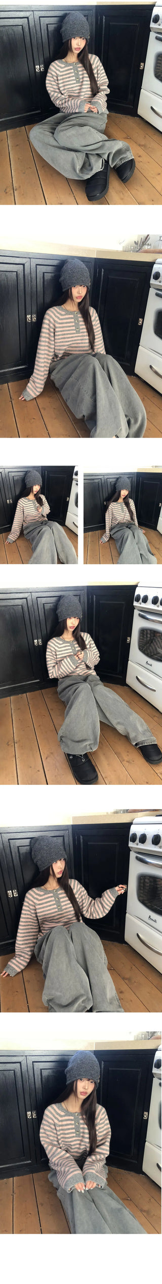 Hira Round Henley Neck Button Stripe Knitwear